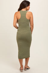 Olive Striped Racerback Henley Maternity Midi Dress