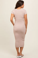 Beige Short Sleeve Rib Knit Maternity Midi Dress