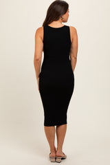 Black Ribbed Fitted Sleeveless Snap Button Maternity Dress