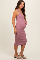 Mauve Ribbed Fitted Sleeveless Snap Button Maternity Dress