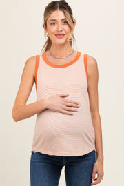 Salmon Striped Round Neck Maternity Tank Top