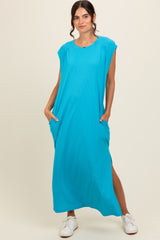 Blue Short Dolman Sleeve Side Slit Maxi Dress