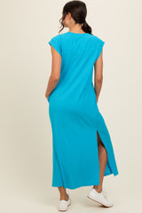 Blue Short Dolman Sleeve Side Slit Maxi Dress