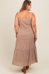 Taupe Front Pocket Tiered Overall Maternity Plus Midi Dress