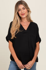 Black V-Neck Pin-Tuck Detail Maternity Top