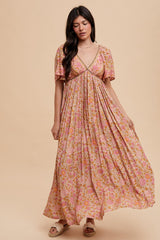 Pink Floral V-Neck Short Flutter Sleeve Maternity Maxi Dress