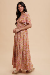 Pink Floral V-Neck Short Flutter Sleeve Maxi Dress