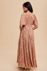 Pink Floral V-Neck Short Flutter Sleeve Maxi Dress