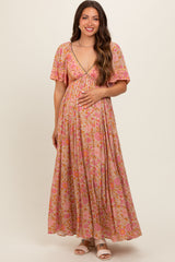 Pink Floral V-Neck Short Flutter Sleeve Maternity Maxi Dress