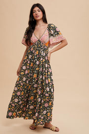 Black Floral V-Neck Short Flutter Sleeve Maxi Dress