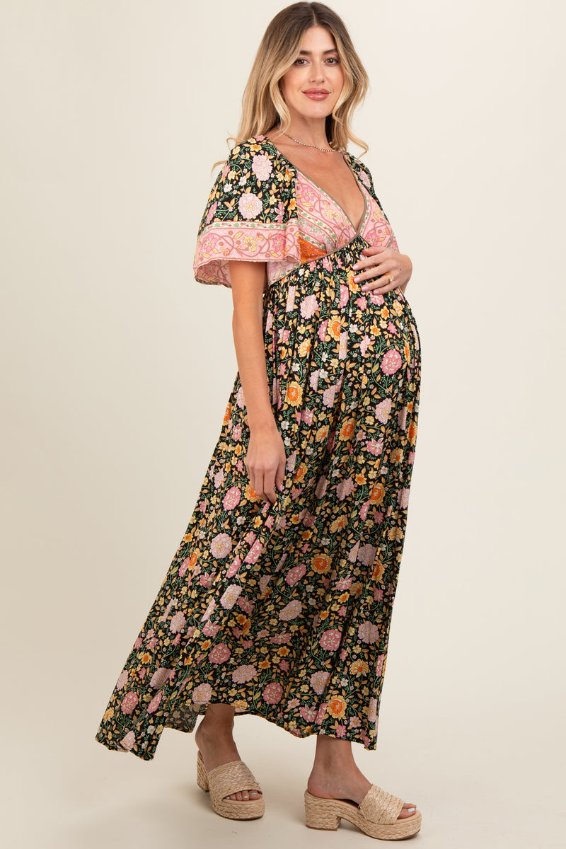 Black Floral V-Neck Short Flutter Sleeve Maternity Maxi Dress – PinkBlush