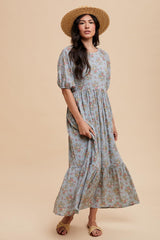 Light Blue Floral Textured Tied Open Back Maternity Maxi Dress