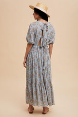 Light Blue Floral Textured Tied Open Back Maxi Dress