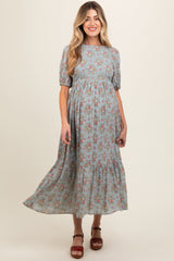 Light Blue Floral Textured Tied Open Back Maternity Maxi Dress