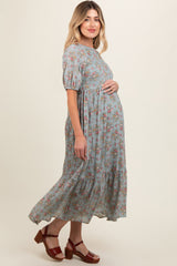 Light Blue Floral Textured Tied Open Back Maternity Maxi Dress