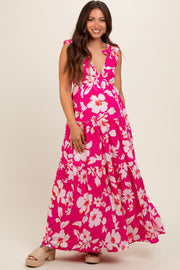 Fuchsia Floral Deep V-Neck Open Back Maternity Maxi Dress