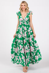 Green Floral Deep V-Neck Open Back Maternity Maxi Dress