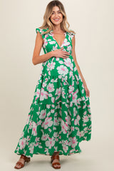 Green Floral Deep V-Neck Open Back Maternity Maxi Dress