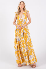 Yellow Floral Deep V-Neck Open Back Maternity Maxi Dress