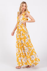 Yellow Floral Deep V-Neck Open Back Maxi Dress