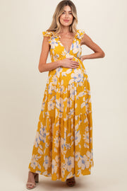 Yellow Floral Deep V-Neck Open Back Maternity Maxi Dress