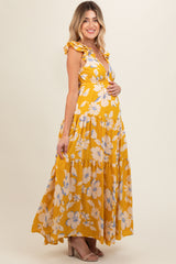 Yellow Floral Deep V-Neck Open Back Maternity Maxi Dress