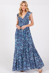 Blue Abstract Floral Ruffle Accent Maternity Maxi Dress