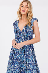 Blue Abstract Floral Ruffle Accent Maxi Dress