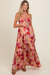 Peach Tropical Print Cutout Halter Neck Maternity Maxi Dress