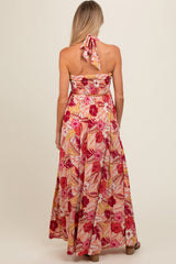 Peach Tropical Print Cutout Halter Neck Maternity Maxi Dress