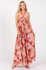 Peach Tropical Print Cutout Halter Neck Maxi Dress