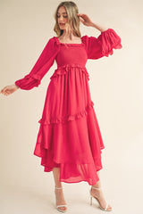 Fuchsia Smocked Ruffle Long Sleeve Midi Dress