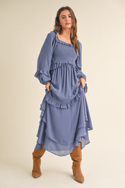 Blue Smocked Ruffle Long Sleeve Midi Dress