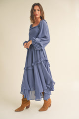 Blue Smocked Ruffle Long Sleeve Midi Dress