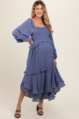 Blue Smocked Ruffle Long Sleeve Maternity Midi Dress