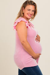 Pink Ribbed Ruffle Sleeve Plus Maternity Top