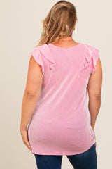 Pink Ribbed Ruffle Sleeve Plus Maternity Top