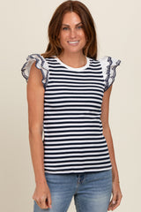 Navy Blue Striped Eyelet Lace Sleeve Blouse