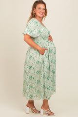 Green Floral Smocked Sweetheart Neck Short Puff Sleeve Maternity Plus Midi Dress