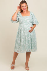 Mint Green Floral Embroidered Short Puff Sleeve Maternity Plus Dress