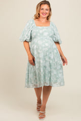 Mint Green Floral Embroidered Short Puff Sleeve Maternity Plus Dress