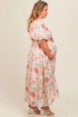 Cream Blue Floral Chiffon Puff Sleeve Maternity Plus Midi Dress