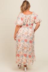 Cream Blue Floral Chiffon Puff Sleeve Maternity Plus Midi Dress