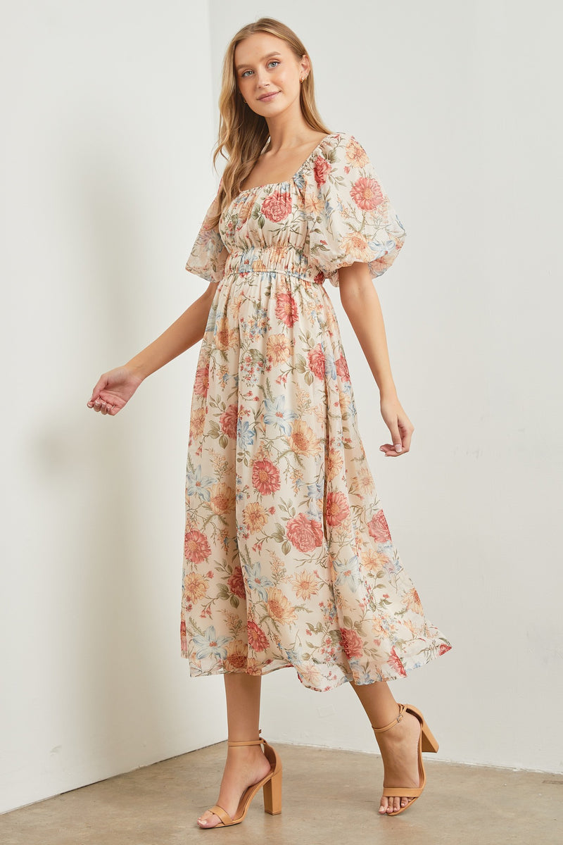 Cream Blue Floral Chiffon Puff Sleeve Midi Dress – PinkBlush