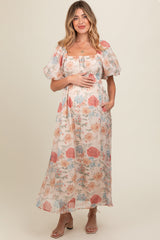 Cream Blue Floral Chiffon Puff Sleeve Maternity Midi Dress