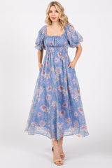 Blue Floral Chiffon Puff Sleeve Maternity Midi Dress