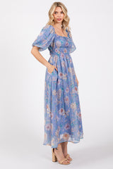 Blue Floral Chiffon Puff Sleeve Midi Dress