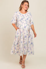 Ivory Floral Chiffon Smocked Maternity Plus Midi Dress