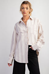 Taupe Stripe Button Down Maternity Shirt