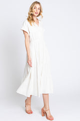 Off White Collar V Neck Cuffed Sleeve Tiered Midi Dress